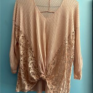 Charming Charlie Pink Ribbed Tie Front 3/4 Sleeve Blouse